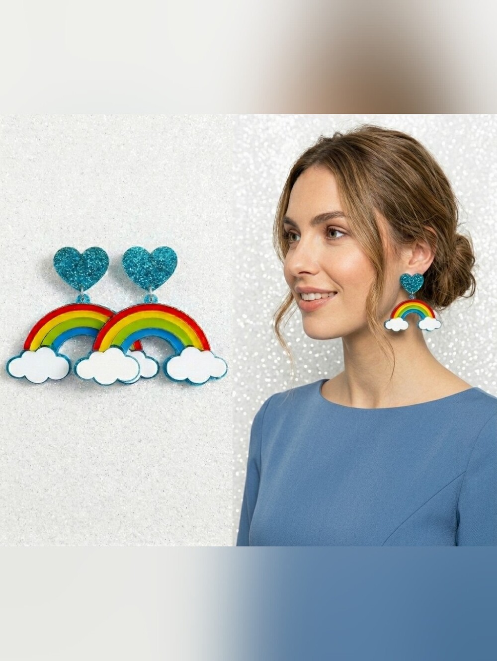 Sparkly blue heart rainbow earrings